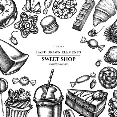 Siyah ve beyaz tarçınlı çiçek tasarımı, makarna, lolipop, bar, şeker, portakal, çörek ve ekmek, kruvasan ve ekmek, çilek, süt kutuları, smoothie cup, lolipop, füme kavanoz, cheesecake