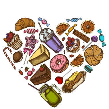 Renkli tarçın, makarna, lolipop, bar, şeker, portakal, çörek ve ekmek, kruvasan ve ekmek, çilek, süt kutuları, smoothie cup, lolipop, füme kavanoz, cheesecake