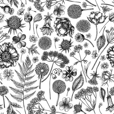 Siyah ve beyaz çoban çantalı kusursuz desen, funda, eğreltiotu, yabani sarımsak, yonca, küre, gentiana, astilbe, craspedia, lagurus, siyah karanfil, papatya, karahindiba, karahindiba, gelincik çiçeği, zambak