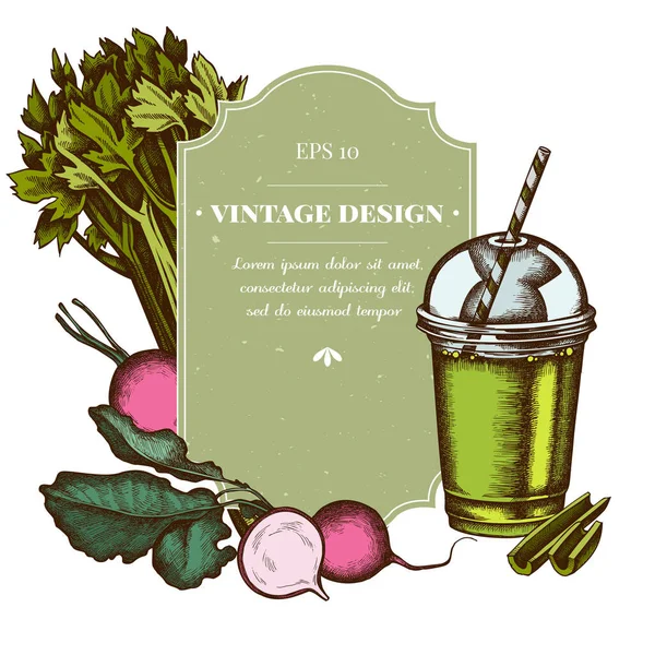 Design distintivo con barbabietola colorata, tazza di frullato, sedano — Vettoriale Stock
