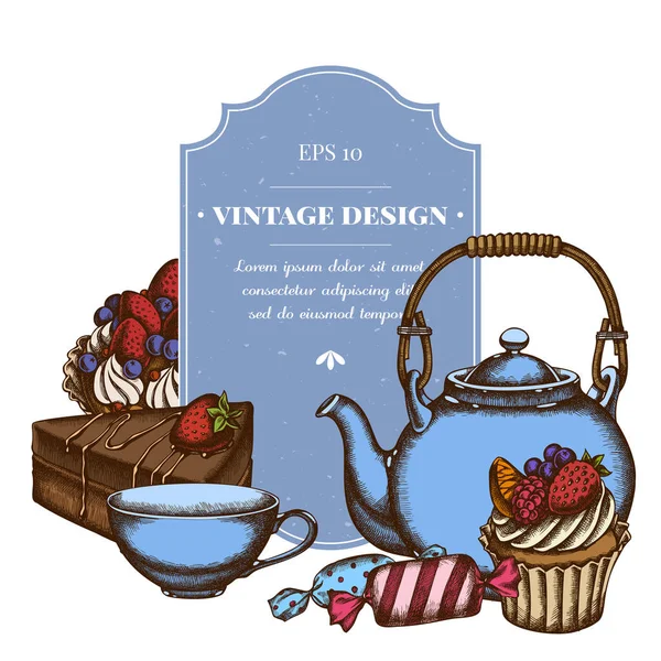 Badge Design mit farbigen Bonbons, Cupcake, Teekannen, Tassen, Kuchen, Kuchen — Stockvektor