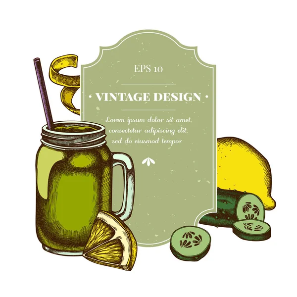 Badge design con limoni colorati, vasetti smothie, cetrioli — Vettoriale Stock