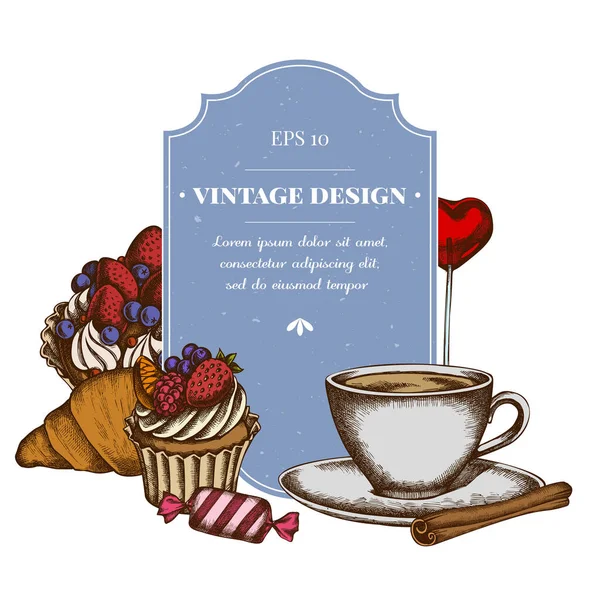Дизайн значка з кольоровою корицею, льодяником, цукерками, круасанами та хлібом, чашками кави, кексом, тортами — стоковий вектор