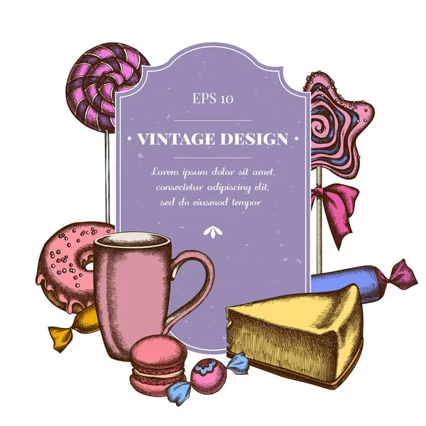 Badge design con macaron colorato, lecca-lecca, caramelle, lecca-lecca, cheesecake, tazze, ciambella — Vettoriale Stock