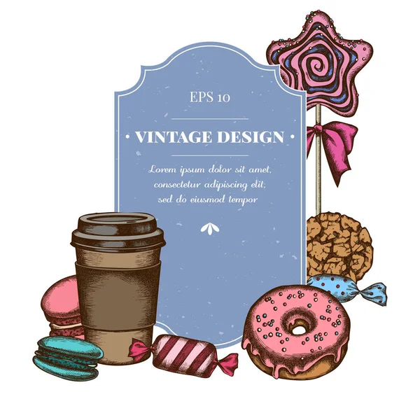 Design de crachá com macaron colorido, doces, xícara de papel, pirulito, rosquinha, biscoito — Vetor de Stock