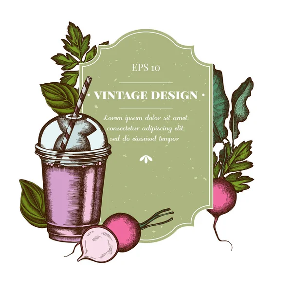 Design distintivo con ravanello colorato, verde, basilico, tazza di frullato — Vettoriale Stock