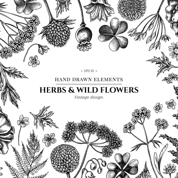 Floral desain dengan hitam dan putih gembala s tas, heather, pakis, liar bawang putih, semanggi, globethistle, gentiana, astilbe, craspedia, lagurus, hitam caraway, chamomile, dandelion, bunga poppy, lily - Stok Vektor