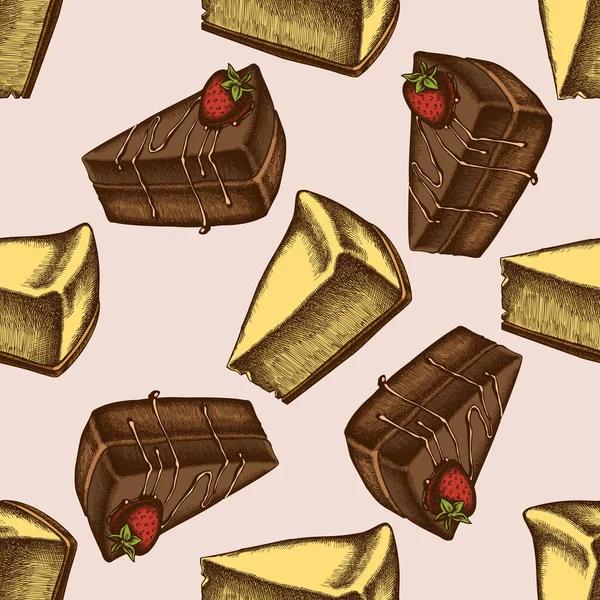 Naadloos patroon met met de hand getekende gekleurde kwarktaart, taart — Stockvector