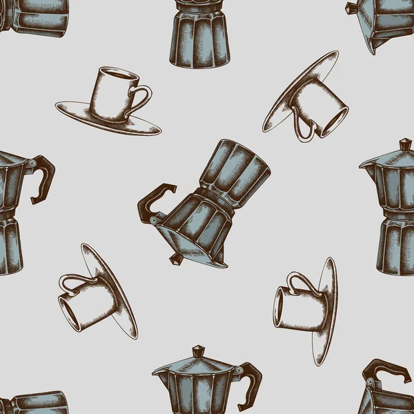 手描きのエスプレッソカップとシームレスなパターン、コーヒーポット — ストックベクタ