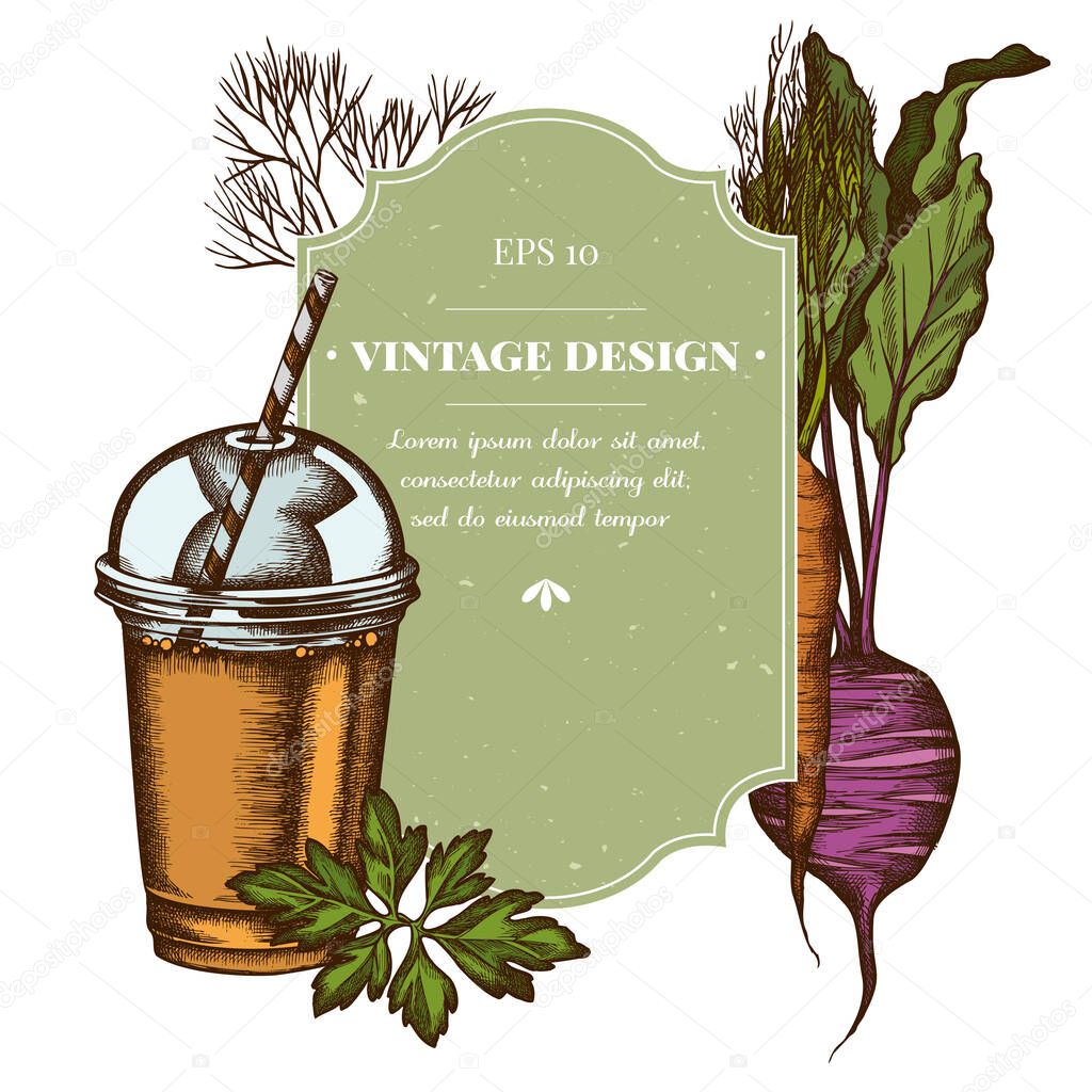 Badge design with colored beet, greenery, carrot, smoothie cup