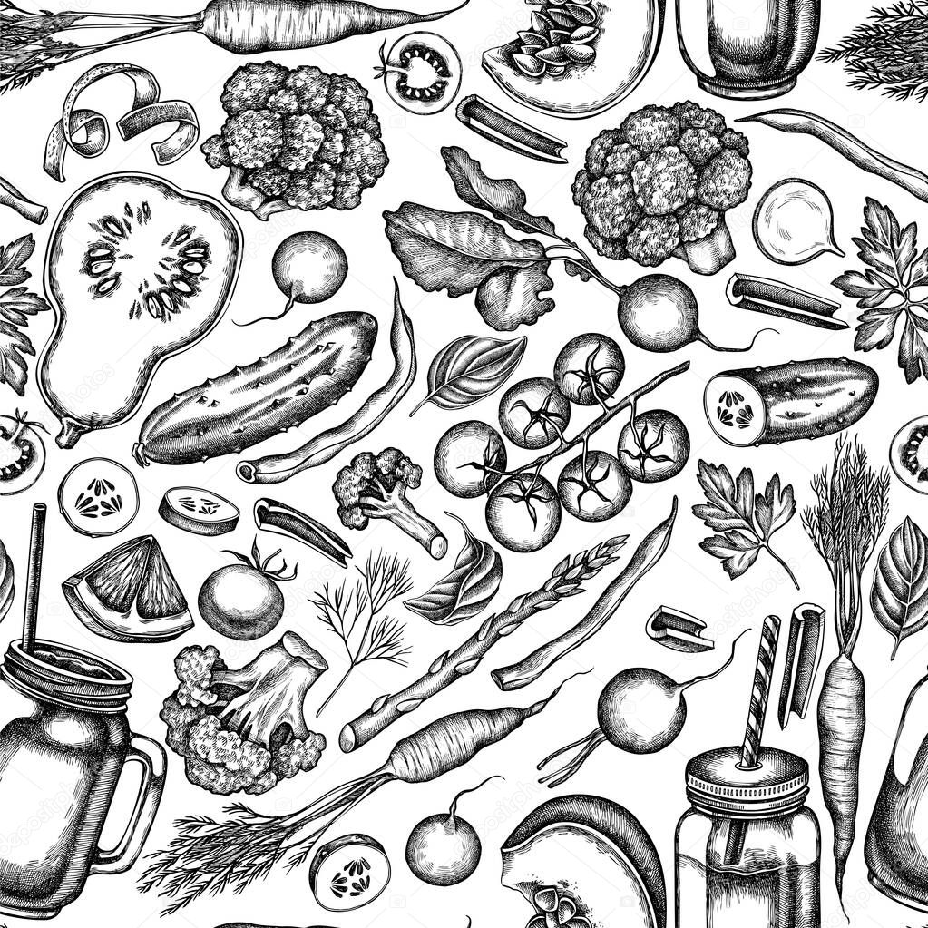 Seamless pattern with black and white lemons, broccoli, radish, green beans, cherry tomatoes, beet, greenery, carrot, basil, pumpkin, smoothie cup, smothie jars, cucumber, celery