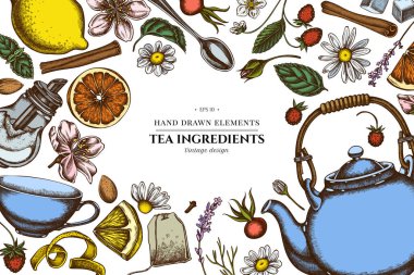 Tarçın, limon, portakal, çay poşeti, şeker küpü, kenevir, papatya, köpek gülü, nane, badem, çilek, çay kaşığı, çaydanlık, şeker kasesi,