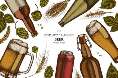 Renkli elementler tasarımı çavdar, hop, bir kupa bira, bira şişeleri, alüminyum kutu