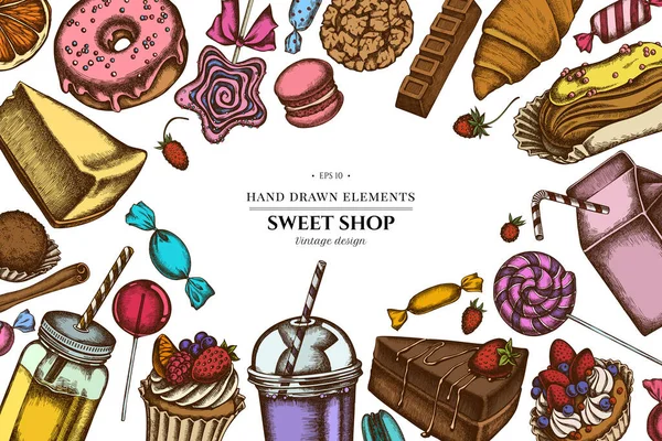 Gekleurde elementen ontwerp met kaneel, macaron, lolly, bar, snoepjes, sinaasappels, broodjes en broodjes, croissants en brood, aardbei, melkdozen, smoothie cup, lolly, smothie potten, cheesecake, eclair — Stockvector