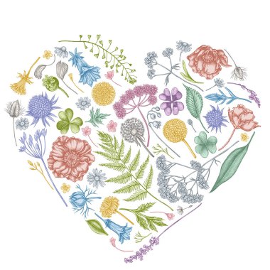 Kalp çiçeği desenli pastel çoban çantası, heather, eğreltiotu, yabani sarımsak, yonca, globethistle, gentiana, astilbe, craspedia, lagurus, siyah karanfil, papatya, karahindiba, haşhaş çiçeği, zambak çiçeği,