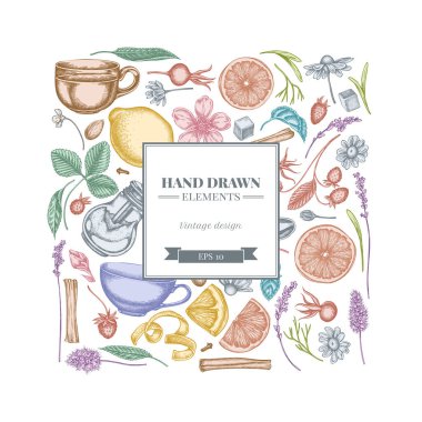 Pastel tarçın, limon, portakal, çay poşeti, şeker küpü, kenevir, papatya, köpek gülü, nane, badem, çilek, çay kaşığı, çaydanlık, fincanlar, şeker kasesi