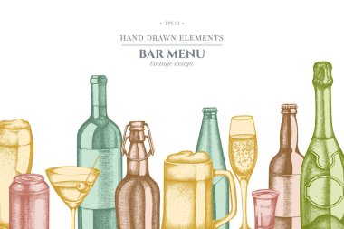 Pastel renkli cam, şampanya, bir kupa bira, alkollü shot, bir şişe bira, bir şişe şarap, bir bardak şampanya, bir bardak şarap, bir bardak martini, alüminyum kutu.