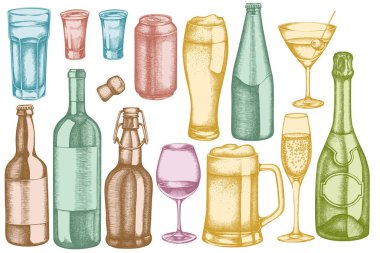 El yapımı pastel bardak, şampanya, bir kupa bira, alkollü shot, bir şişe bira, bir şişe şarap, bir bardak şampanya, bir bardak şarap, bir bardak martini, alüminyum kutu.