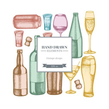 Pastel bardak, şampanya, bir kupa bira, alkollü shot, bir şişe bira, bir şişe şarap, bir bardak şampanya, bir bardak şarap, bir bardak martini, alüminyum kutu.