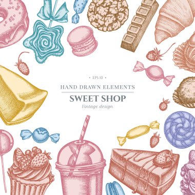 Pastel renkli tarçın, makarna, lolipop, bar, şeker, portakal, çörek ve ekmek, kruvasan ve ekmek, çilek, süt kutuları, smoothie cup, lolipop, füme kavanoz, cheesecake, eclair