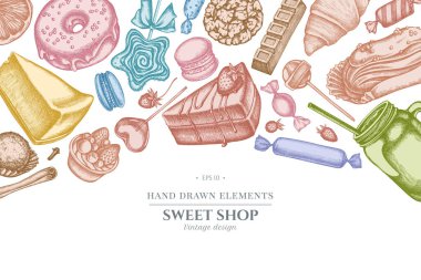 Pastel renkli tarçın, makarna, lolipop, bar, şeker, portakal, çörek ve ekmek, kruvasan ve ekmek, çilek, süt kutuları, smoothie cup, lolipop, füme kavanoz, cheesecake, eclair