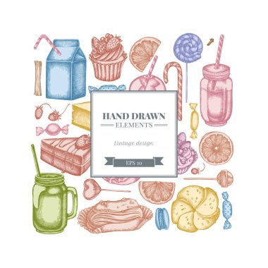 Pastel tarçın, makarna, lolipop, bar, şeker, portakal, çörek ve ekmek, kruvasan ve ekmek, çilek, süt kutuları, smoothie cup, lolipop, füme kavanozlar, cheesecake, eclair