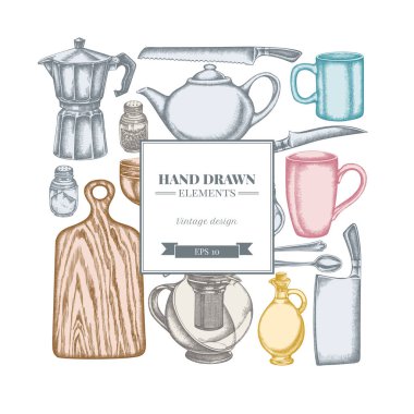 Pastel Şef 'in bıçakları, çay kaşığı, kaşık, çatal, bıçak, kesme tahtası, yağ şişesi, çaydanlık, kahve demliği, fincanlar, şeker kasesi, biberlik, tuzluk.