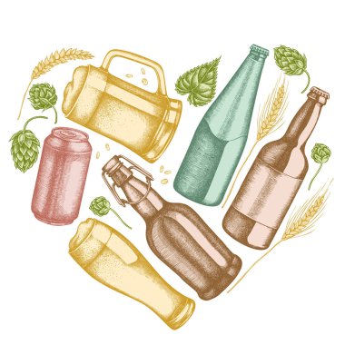 Kalp tasarımı pastel çavdar, hop, bir kupa bira, bira şişeleri, alüminyum kutu