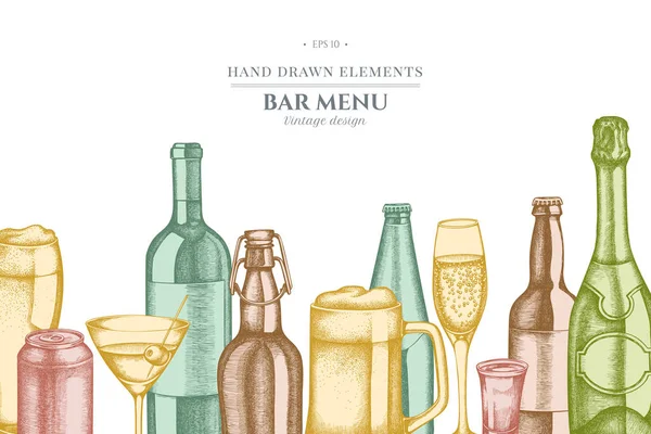 Design met pastelkleurig glas, champagne, biermok, alcoholschot, flesjes bier, fles wijn, glas champagne, glas wijn, glas martini, aluminium blikje — Stockvector