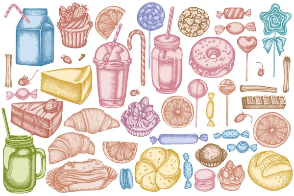 Ensemble vectoriel de cannelle pastel dessinée à la main, macaron, sucette, bar, bonbons, oranges, petits pains et pain, croissants et pain, fraise, boîtes à lait, tasse à smoothie, sucette, bocaux à smothie, gâteau au fromage — Image vectorielle