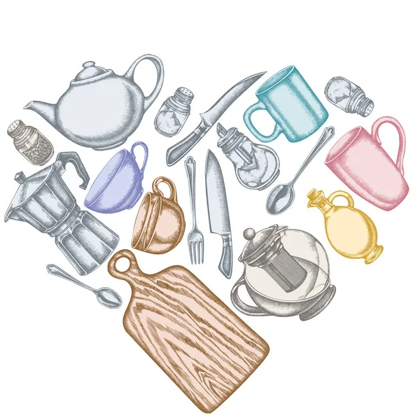 Diseño de corazón con cuchillos pastel Chef, cucharadita, cuchara, tenedor, cuchillo, tabla de cortar, botella de aceite, teteras, cafetera, tazas, tazón de azúcar, agitador de pimienta, salero — Archivo Imágenes Vectoriales