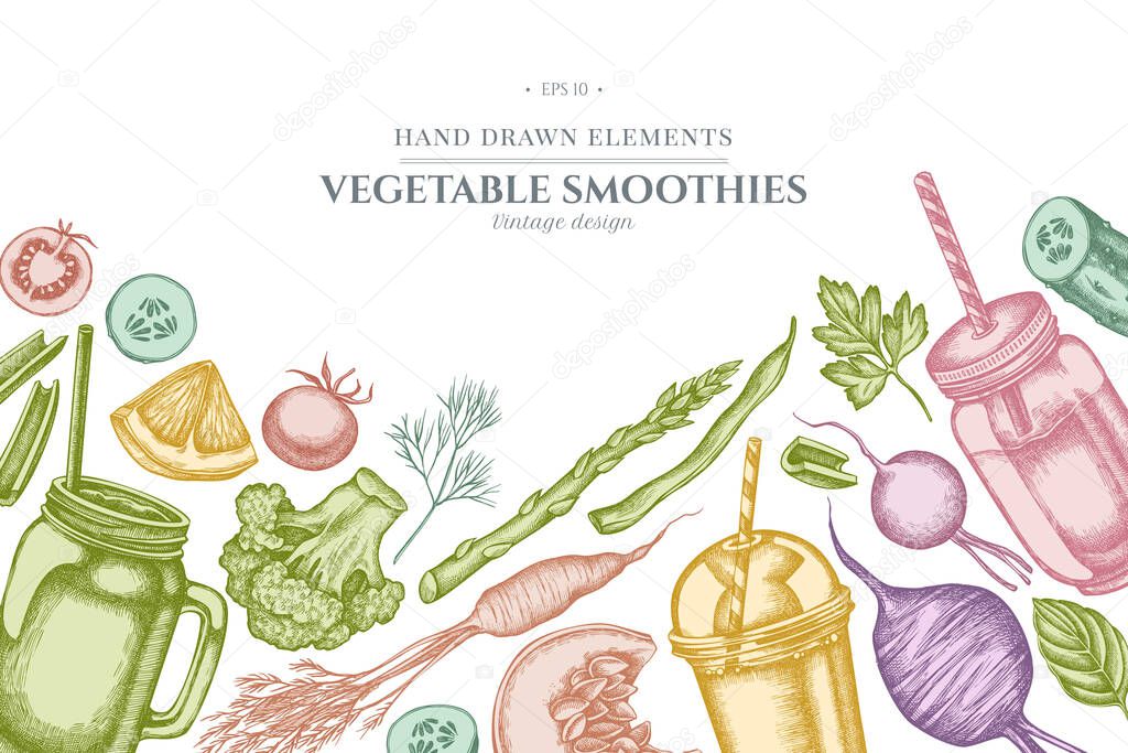 Design with pastel colored lemons, broccoli, radish, green beans, cherry tomatoes, beet, greenery, carrot, basil, pumpkin, smoothie cup, smothie jars, cucumber, celery
