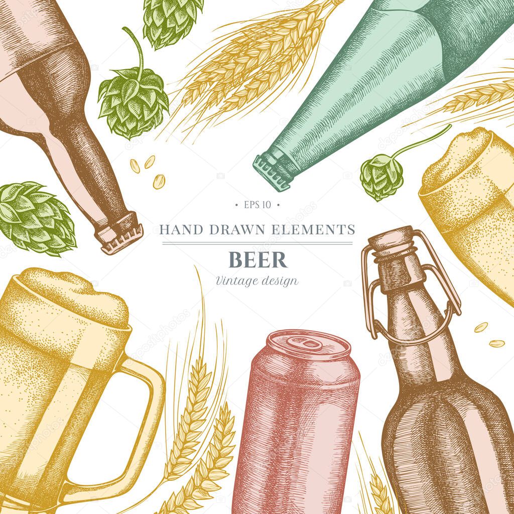 Design with pastel colored rye, hop, mug of beer, bottles of beer, aluminum can