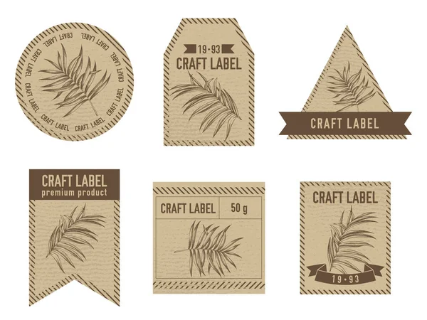 Etichette artigianali design vintage con illustrazione di foglie di palma tropicale — Vettoriale Stock