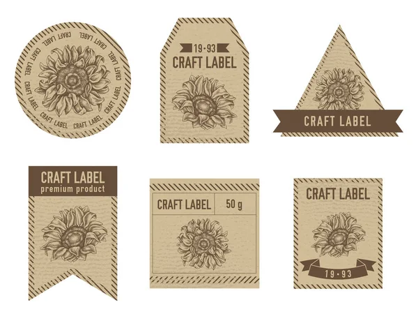 Etichette artigianali design vintage con illustrazione di girasole — Vettoriale Stock