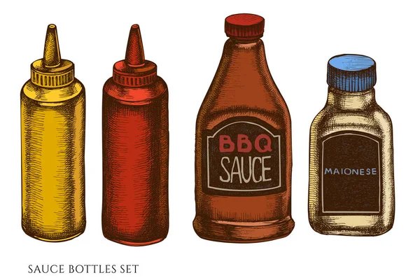 Ensemble vectoriel de bouteilles de sauce colorées dessinées à la main — Image vectorielle
