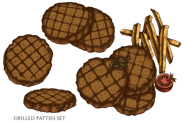 手描きのベクトルセット焼きバーガーのパテ — ストックベクタ