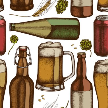 Elle çizilmiş çavdar, hop, bir kupa bira, bir şişe bira, alüminyum kutu...