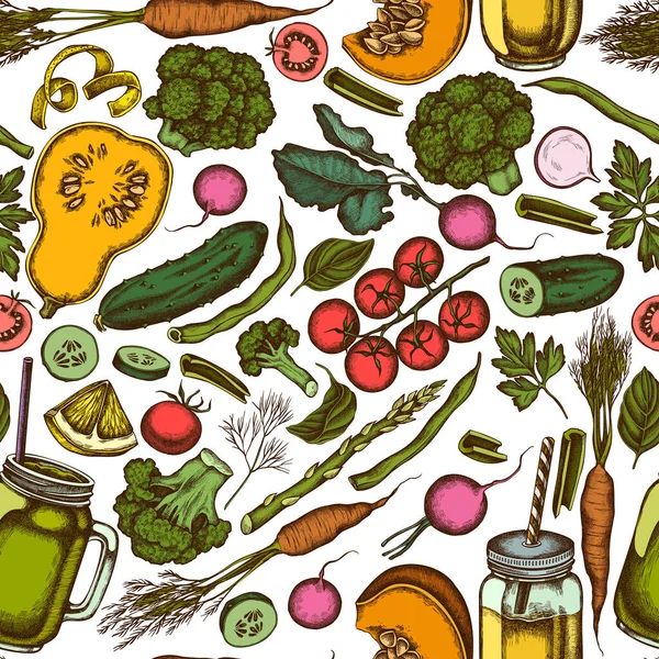 Modèle sans couture avec des citrons colorés dessinés à la main, brocoli, radis, haricots verts, tomates cerises, betterave, verdure, carotte, basilic, citrouille, tasse de smoothie, bocaux smothie, concombre, céleri — Image vectorielle