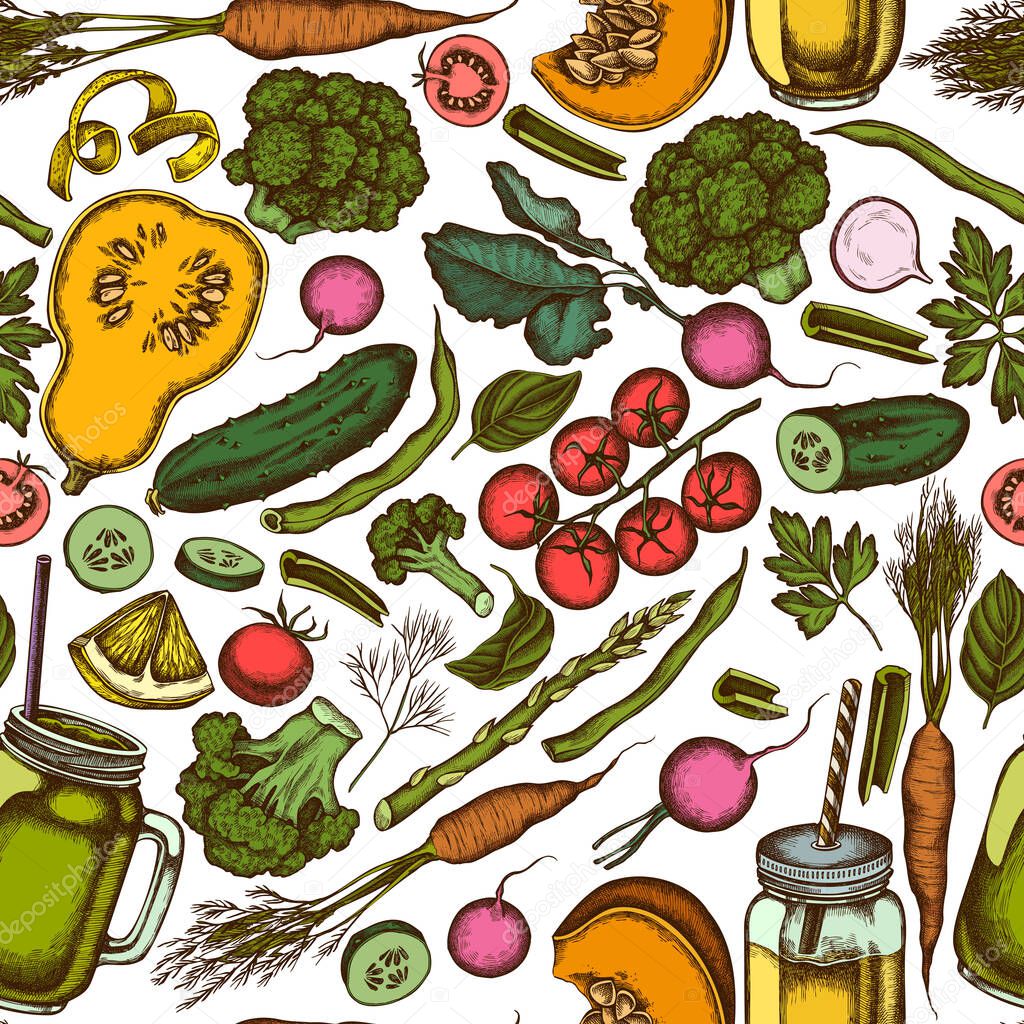 Seamless pattern with hand drawn colored lemons, broccoli, radish, green beans, cherry tomatoes, beet, greenery, carrot, basil, pumpkin, smoothie cup, smothie jars, cucumber, celery