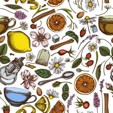 Elle çizilmiş tarçın, limon, portakal, çay poşeti, şeker küpleri, kenevir, papatya, köpek gülü, nane, badem, çilek, çay kaşığı, çaydanlık, fincanlar, şeker kasesi