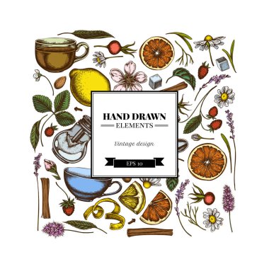 Renkli tarçın, limon, portakal, çay poşeti, şeker küpü, kenevir, papatya, köpek gülü, nane, badem, çilek, çay kaşığı, çaydanlık, fincanlar, şeker kasesi