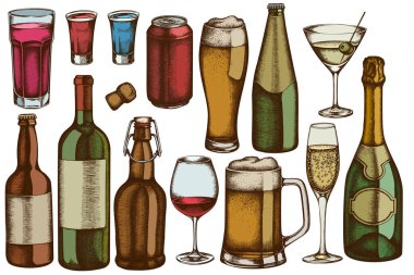 Elle çizilmiş vektör seti, şampanya, bir kupa bira, alkol shot, bir şişe bira, bir şişe şarap, bir bardak şampanya, bir bardak şarap, bir bardak martini, alüminyum kutu.