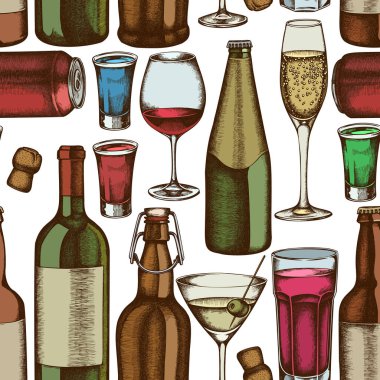 Elle çizilmiş cam, şampanya, bir kupa bira, alkollü shot, bir şişe bira, bir şişe şarap, bir bardak şampanya, bir bardak şarap, bir bardak martini, alüminyum kutu.