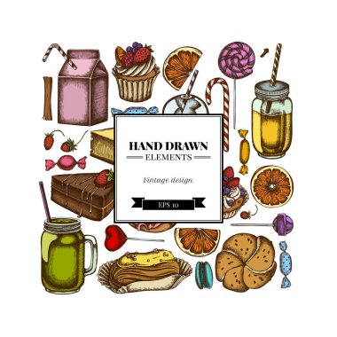 Renkli tarçın, makarna, lolipop, bar, şeker, portakal, çörek ve ekmek, kruvasan ve ekmek, çilek, süt kutuları, smoothie cup, lolipop, füme kavanozlar, cheesecake, eclair