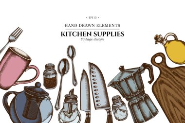 Şef bıçakları, çay kaşığı, kaşık, çatal, bıçak, kesme tahtası, yağ şişesi, çaydanlık, kahve demliği, fincanlar, şeker kasesi, biberlik, tuzluk,