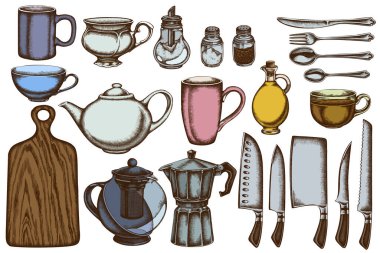 Elleri boyalı vektör set Şefler bıçak, çay kaşığı, kaşık, çatal, bıçak, kesme tahtası, yağ şişesi, çaydanlık, kahve fincanı, şeker kasesi, biberlik, tuzluk