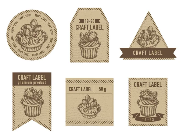 Etichette artigianali design vintage con illustrazione di cupcake, torta — Vettoriale Stock