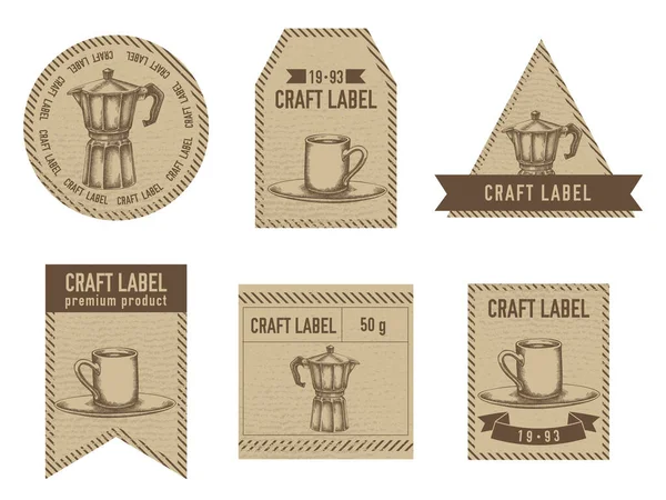 Etykiety rzemieślnicze vintage design z ilustracją filiżanki espresso, dzbanek do kawy — Wektor stockowy