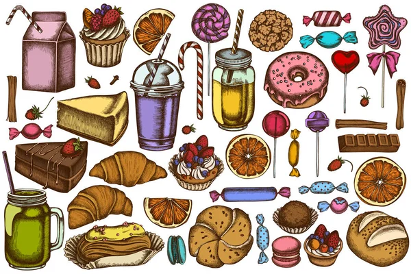 Conjunto vectorial de canela coloreada dibujada a mano, macaron, piruleta, barra, caramelos, naranjas, bollos y pan, croissants y pan, fresa, cajas de leche, taza de batido, piruleta, tarros de batido, tarta de queso — Archivo Imágenes Vectoriales